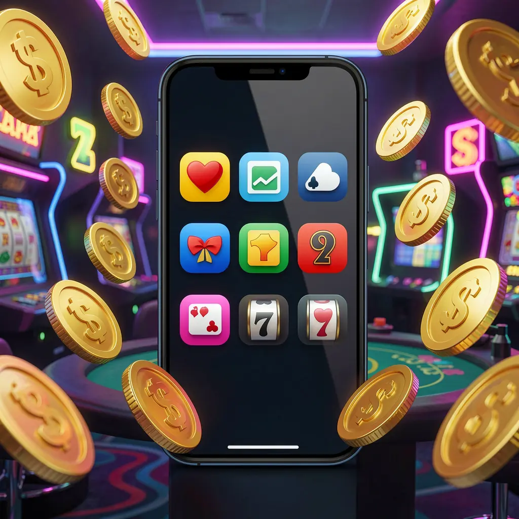 OKGAME77 Android casino app concept displayed on a modern phone with app icons, surrounded by golden coins and slot symbols floating in a neon casino atmosphere, realistic 3D render OKGAME77 Android casino app concept displayed on a modern phone with app icons, surrounded by golden coins and slot symbols floating in a neon casino atmosphere, realistic 3D render