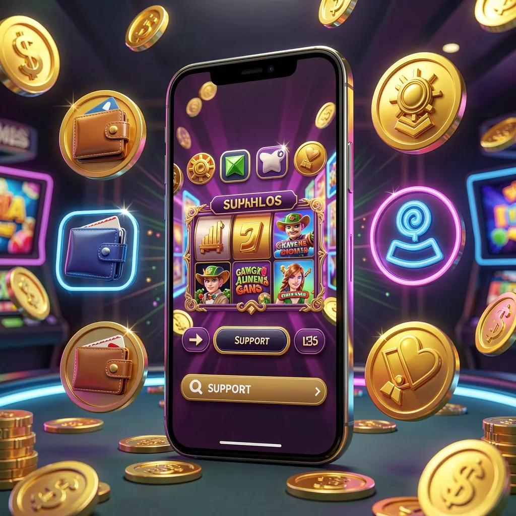 OKGAME77 online casino app features visual showing a smartphone surrounded by icons for wallet, games, support, and rewards, with golden coins and neon lights in a luxury 3D render OKGAME77 online casino app features visual showing a smartphone surrounded by icons for wallet, games, support, and rewards, with golden coins and neon lights in a luxury 3D render