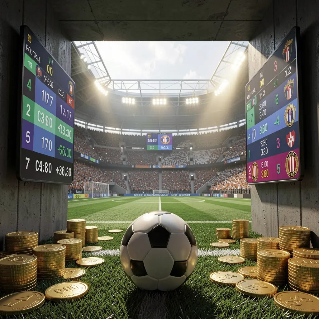 Dramatic stadium tunnel opening to bright soccer field with a soccer ball in the foreground, digital odds graphics and gold coins, showcasing the OKGAME77 football betting platform Dramatic stadium tunnel opening to bright soccer field with a soccer ball in the foreground, digital odds graphics and gold coins, showcasing the OKGAME77 football betting platform