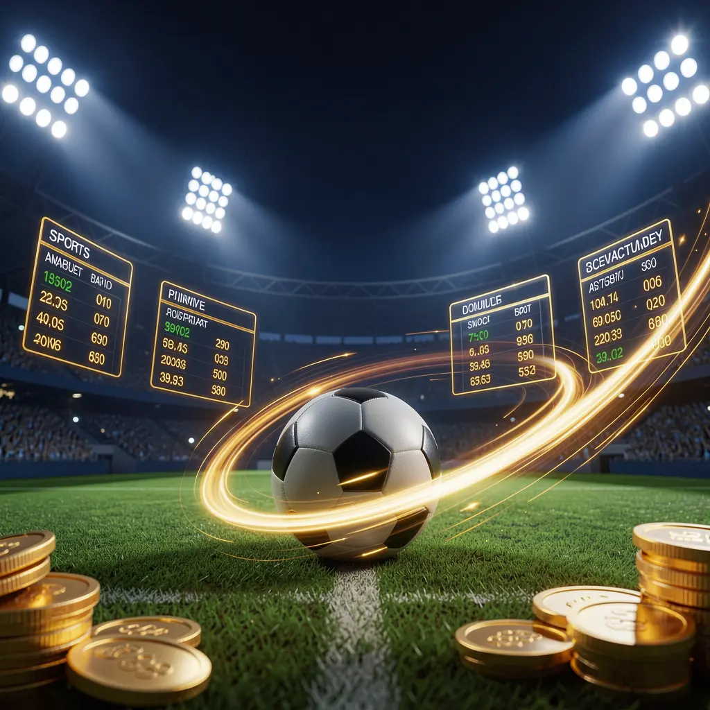 OKGAME77 sports betting page hero banner featuring a football stadium at night with bright floodlights, a soccer ball on green grass, glowing odds panels, golden coins, and dynamic light trails in a premium dark blue and gold cinematic 3D render OKGAME77 sports betting page hero banner featuring a football stadium at night with bright floodlights, a soccer ball on green grass, glowing odds panels, golden coins, and dynamic light trails in a premium dark blue and gold cinematic 3D render