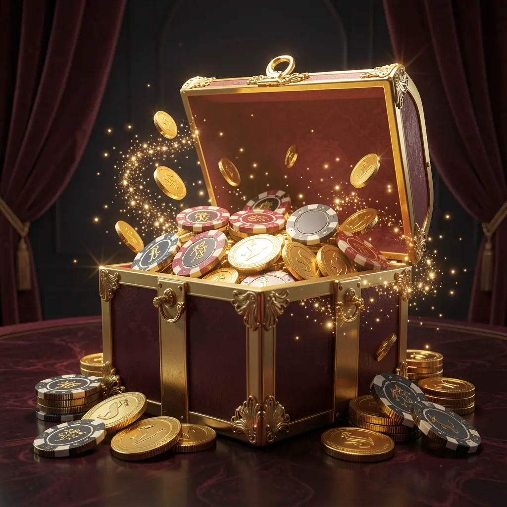 Glowing gift box filled with free casino chips and golden coins representing OKGAME77 no deposit casino bonus on a luxury dark background with magical sparkle effects