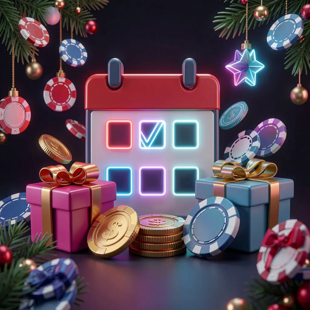 Weekly casino bonus concept by OKGAME77 featuring a calendar icon, gift boxes, coins, and chips with a festive dark background and neon glow in premium 3D style