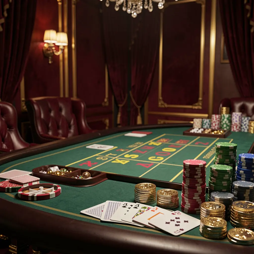 Luxury casino atmosphere featuring a blackjack table with poker cards, stacks of chips, and sparkling coins against a dark red and gold background, showcasing the elegance of OKGAME77 Luxury casino atmosphere featuring a blackjack table with poker cards, stacks of chips, and sparkling coins against a dark red and gold background, showcasing the elegance of OKGAME77
