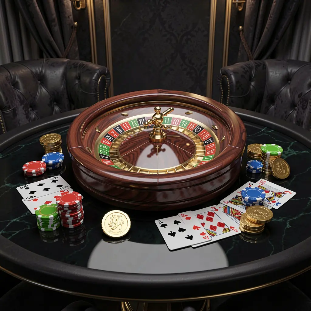 Modern online casino scene featuring a roulette wheel, playing cards, poker chips, and golden coins on a glossy table with a dark luxury background, showcasing OKGAME77's realistic 3D casino environment Modern online casino scene featuring a roulette wheel, playing cards, poker chips, and golden coins on a glossy table with a dark luxury background, showcasing OKGAME77's realistic 3D casino environment
