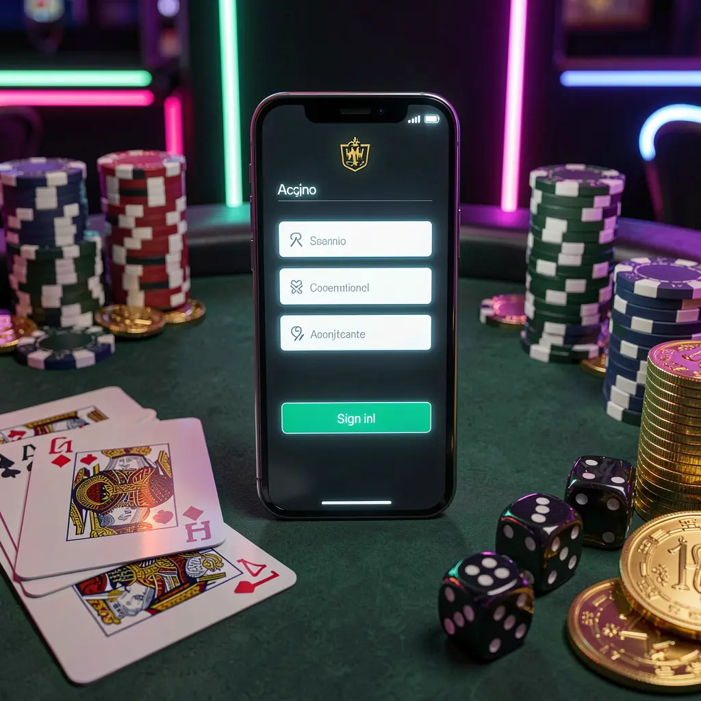 OKGAME77 casino account sign in scene with a glowing smartphone on a casino table surrounded by cards, chips, dice, and gold coins, set against an elegant dark background with neon highlights in a realistic 3D render OKGAME77 casino account sign in scene with a glowing smartphone on a casino table surrounded by cards, chips, dice, and gold coins, set against an elegant dark background with neon highlights in a realistic 3D render