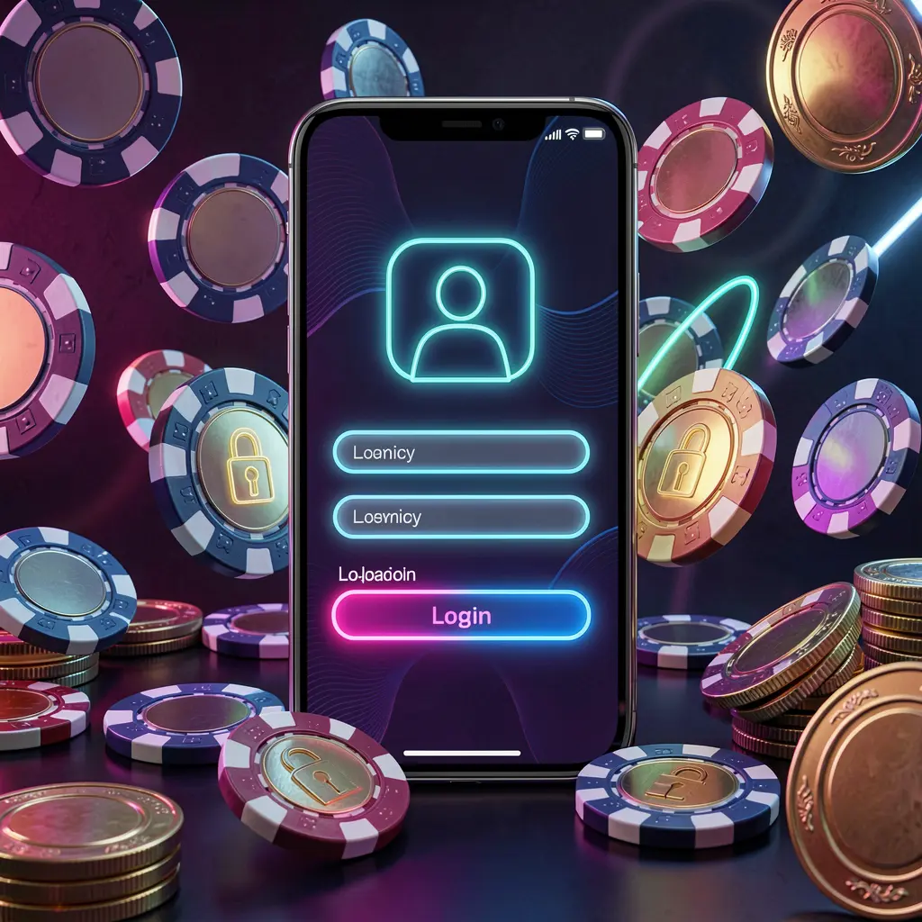 OKGAME77 mobile gaming login page concept on a smartphone displaying an abstract login interface with user and lock icons, surrounded by casino chips and coins under luxury neon lighting OKGAME77 mobile gaming login page concept on a smartphone displaying an abstract login interface with user and lock icons, surrounded by casino chips and coins under luxury neon lighting