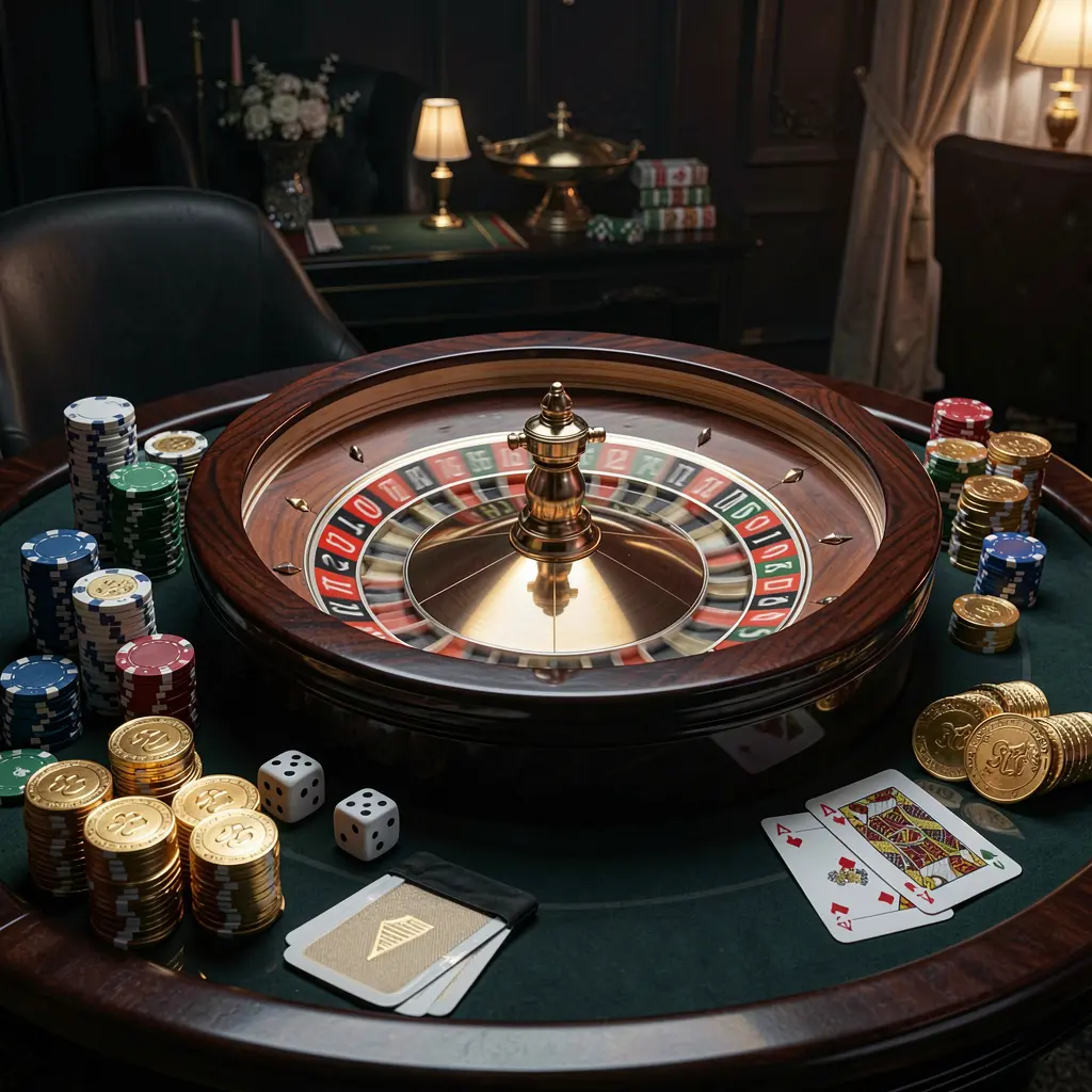 Premium casino homepage scene featuring a roulette wheel spinning on a glossy table with poker chips, dice, cards, and golden coins, set against an elegant dark background with cinematic lighting, showcasing OKGAME77 Premium casino homepage scene featuring a roulette wheel spinning on a glossy table with poker chips, dice, cards, and golden coins, set against an elegant dark background with cinematic lighting, showcasing OKGAME77
